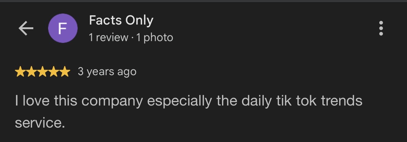 Five-star Google review from Facts Only