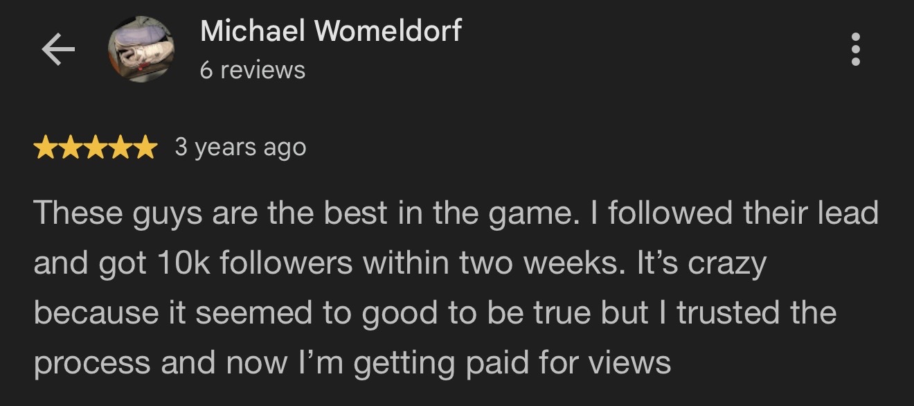 Five-star Google review from Michael Womeldorf
