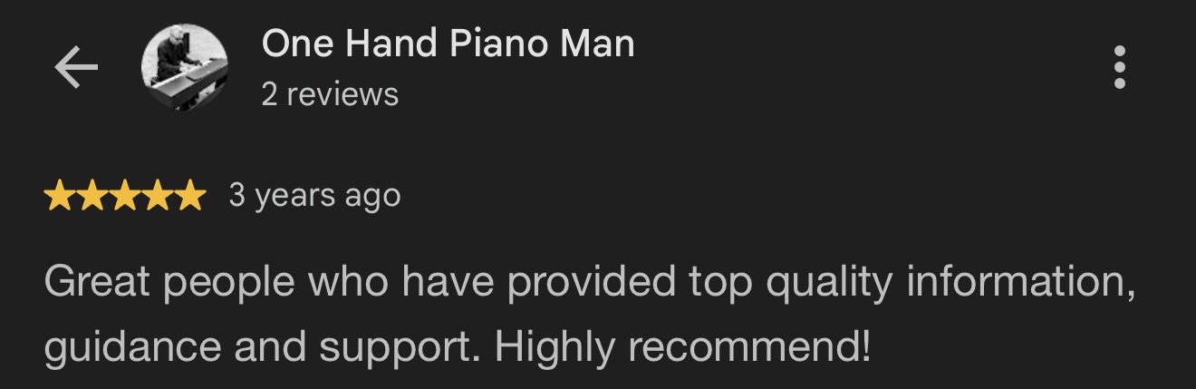 Five-star Google review from One Hand Piano Man